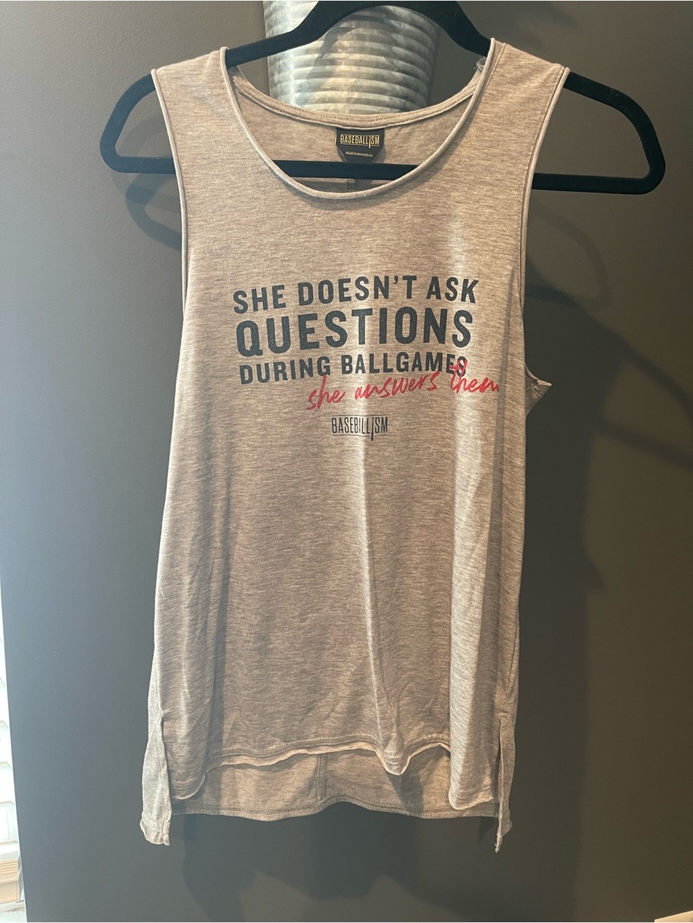 Baseballism Women's Gray Sleeveless Graphic Tank - She Doesn't Ask Questions